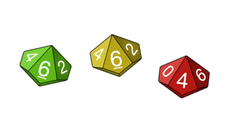 Artist: HM Date: 2020 License: CC BY-SA 4.0 Three dice. Green ten sider, yellow ten sider, and red ten sider.