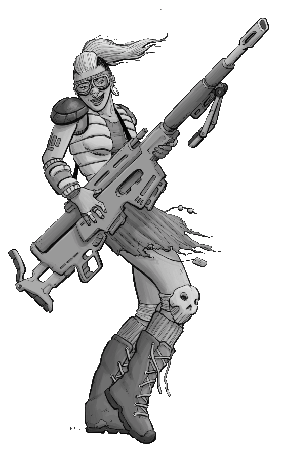 Punk rocker humanoid in skirt holding an enormous futuristic rifle.