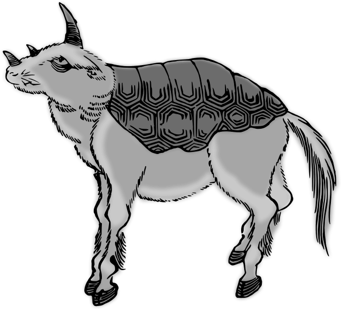 Artist: Unknown. Date: Unknown. License: CC BY-SA 4.0 Drawing of cosmetic turtle shell on back of four legged alien.