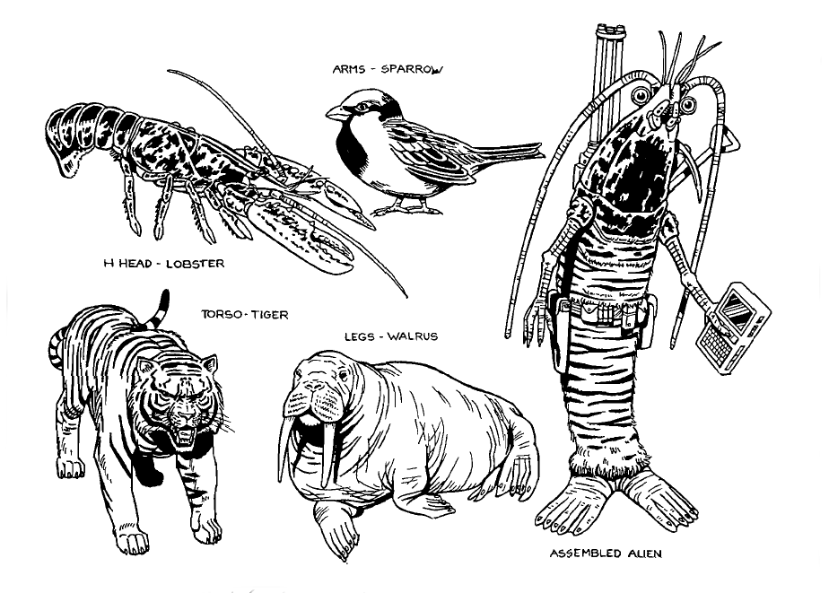 Drawing showing four earth creatures being combined into one alien creature.