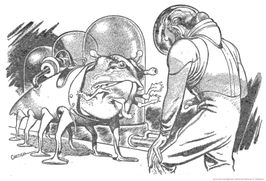 Drawing of large multi-legged multi-armed alien aggressively approach humanoid in space suit.