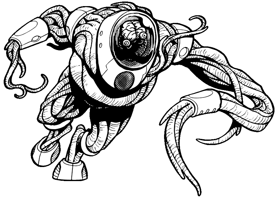 Blob of tentacles with boots and an helmet running.