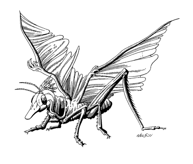 An alien composed of duck head, dino torso, grasshopper arms and conifer legs.