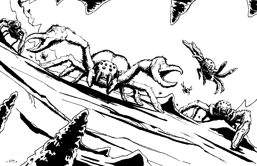Many gigantic spider crab aliens rushing the viewer.