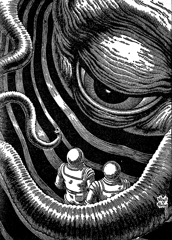 Drawing of two humans staring into an alien larger than both of them.