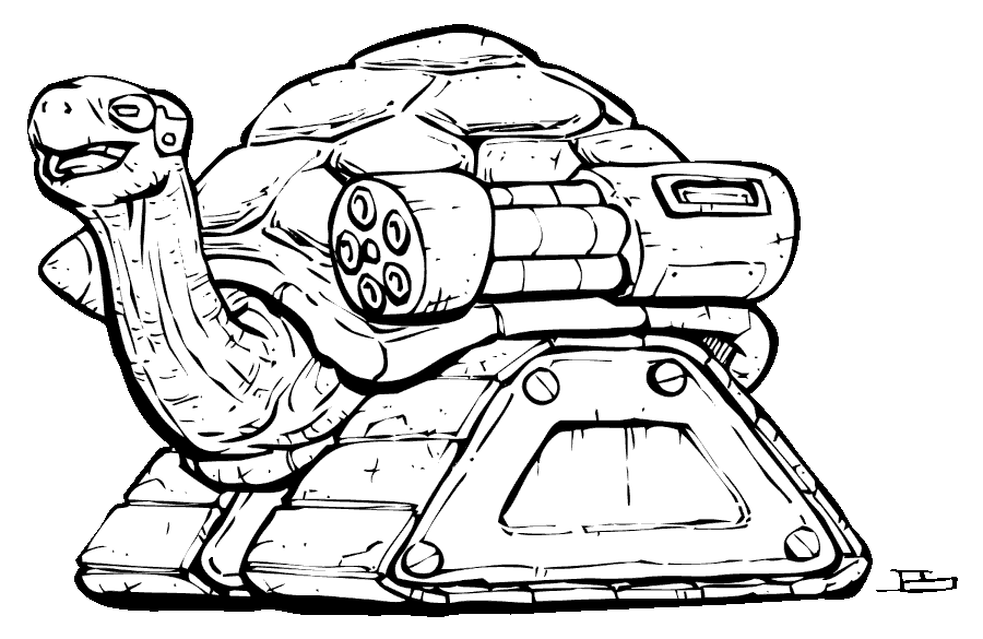 Tortoise with a cybernetic eye and a machine gun on it’s shell.