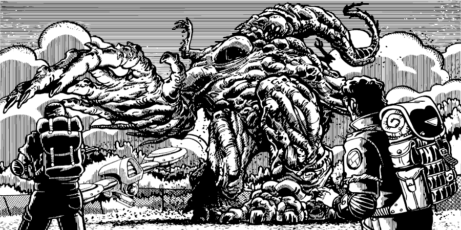 Artist: JEShields, HM added robot Date: 2016-2021 License: Copyright JEShields Stock Art. jeshields.com Two humans a large tentacled alien and a tiny flying robot in the park.