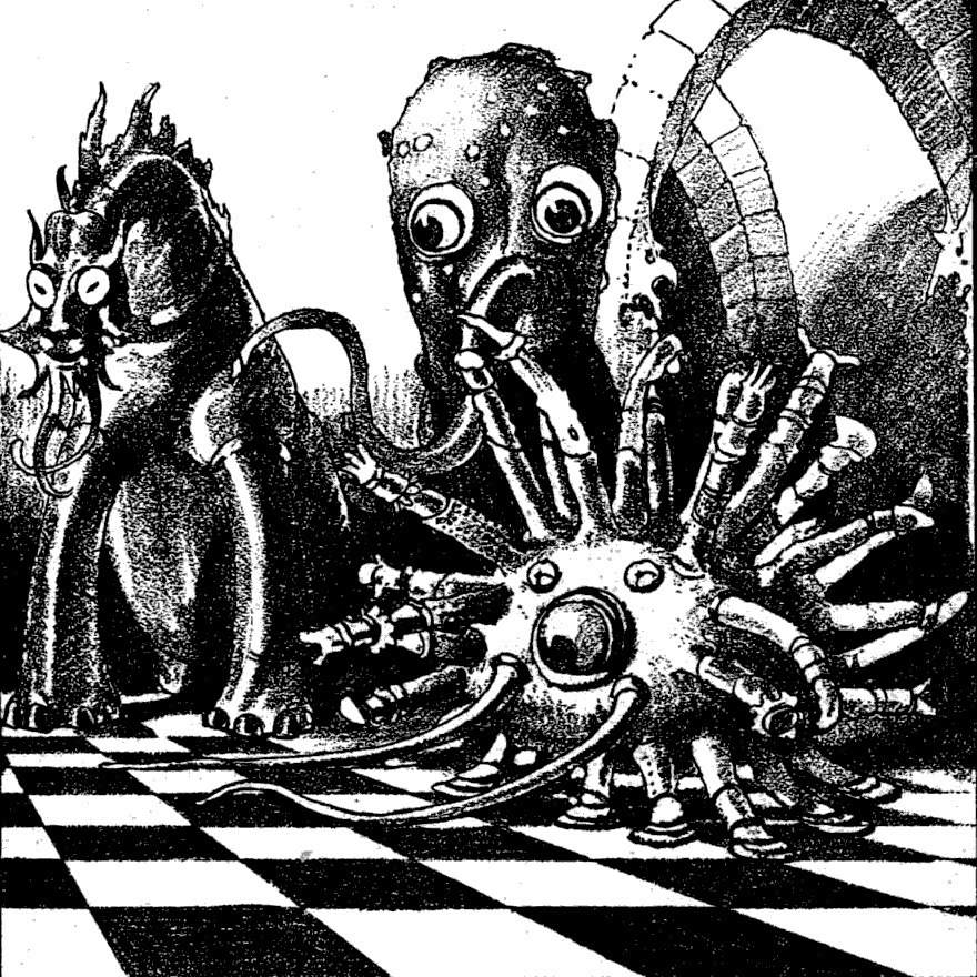 Drawing of three strange shaped alien creatures.