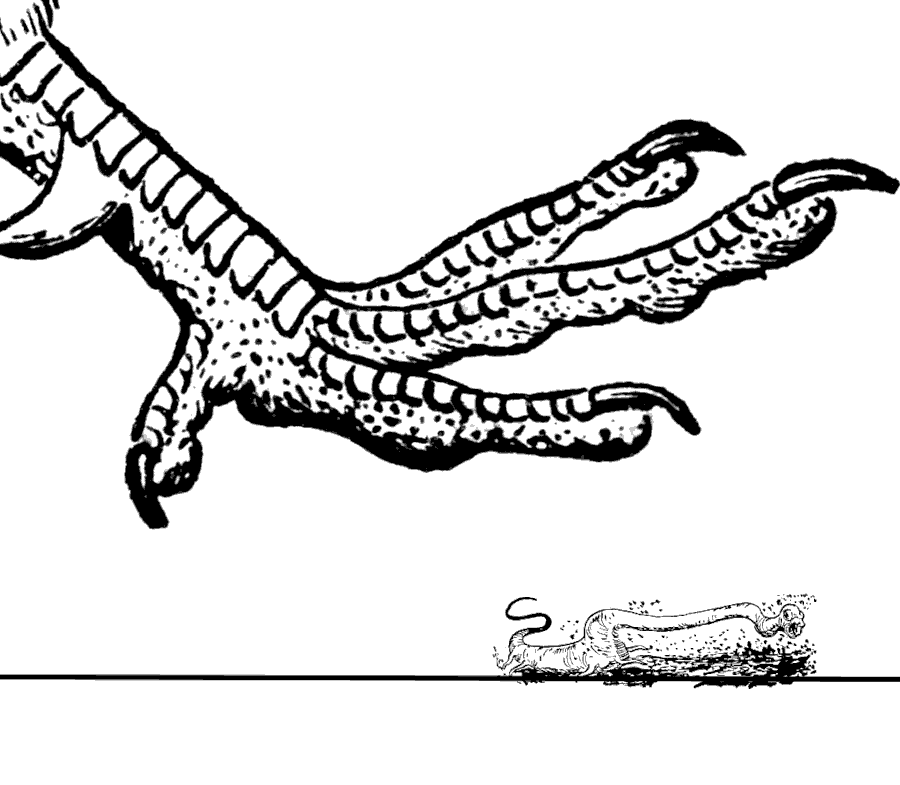 Drawing of clawed foot about to step on very tiny alien.