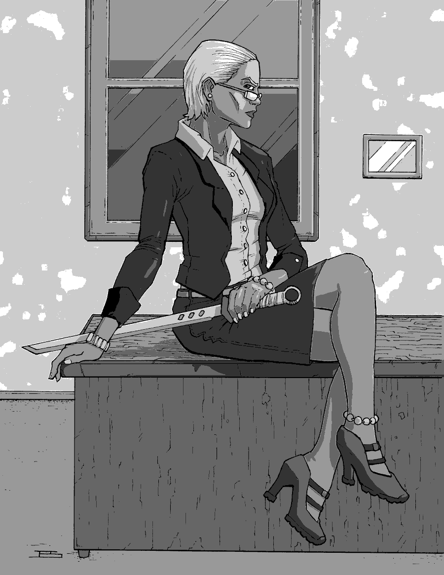 Artist: James Shields Date: 2014 License: Copyright 2015 JEShields Stockart. Drawing of human university lecturer sitting on desk holding a sword.
