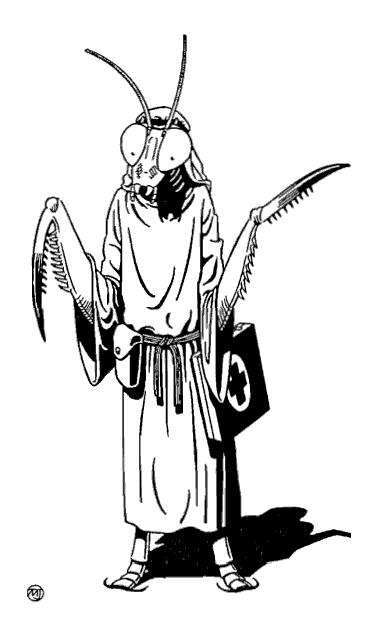 Drawing of a humanoid praying mantis with medical kit.