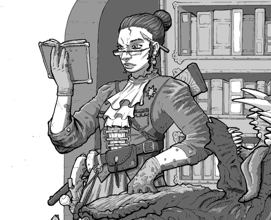 Steam punk human woman biologist doing autopsy on alien beast.