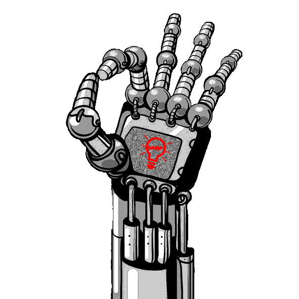 Robot hand with red accidental damage sign on palm.