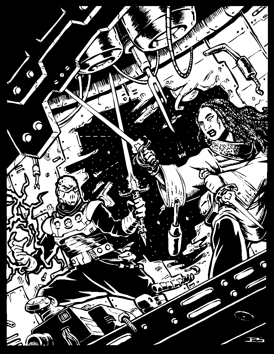 Artist: JEShields Date: 2016-2021 License: Copyright JEShields Stock Art. jeshields.com Two humanoids dueling with lazer swords beside gaping hole inside spaceship.