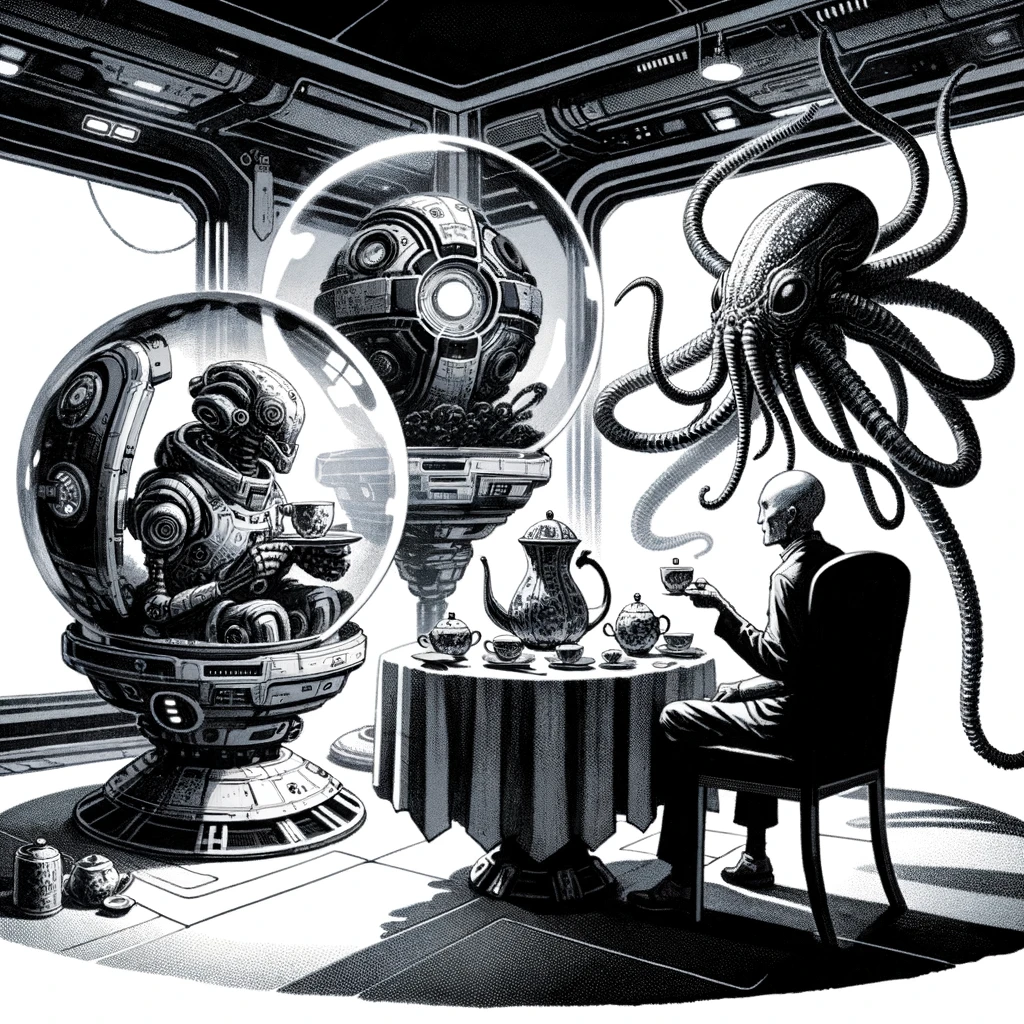 Artist: aimage dolly 3. Prompt HM Date: 2024 License: CC 4 share and share alike with attribution Two robots and floating tentacle alien and an old humanoid are sitting at table for tea time.