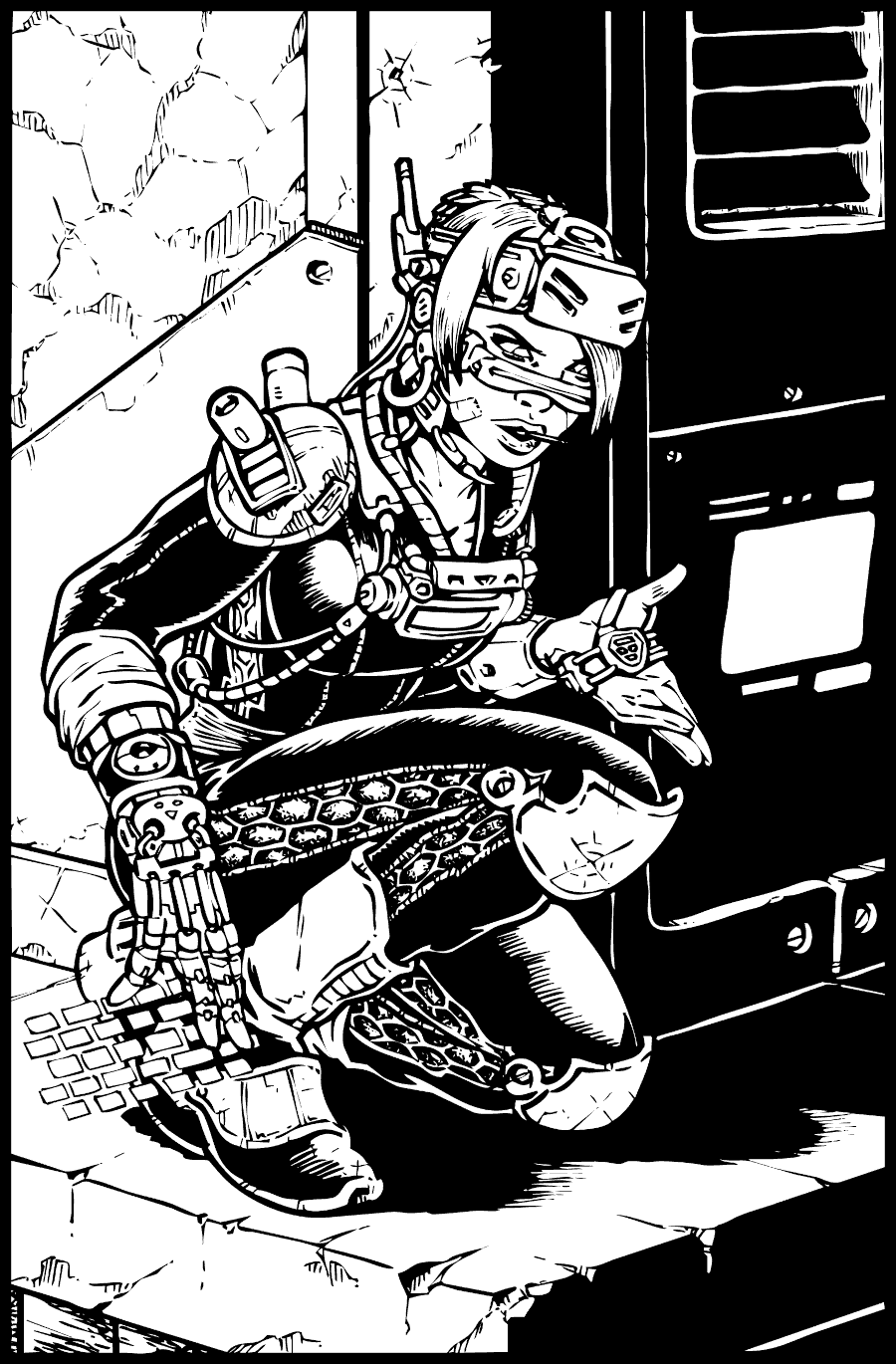 Futuristic human woman with holographic keyboard and multiple tools works on internet node.