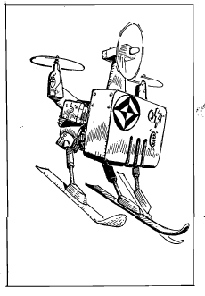 Drawing of flying robot box with skis.