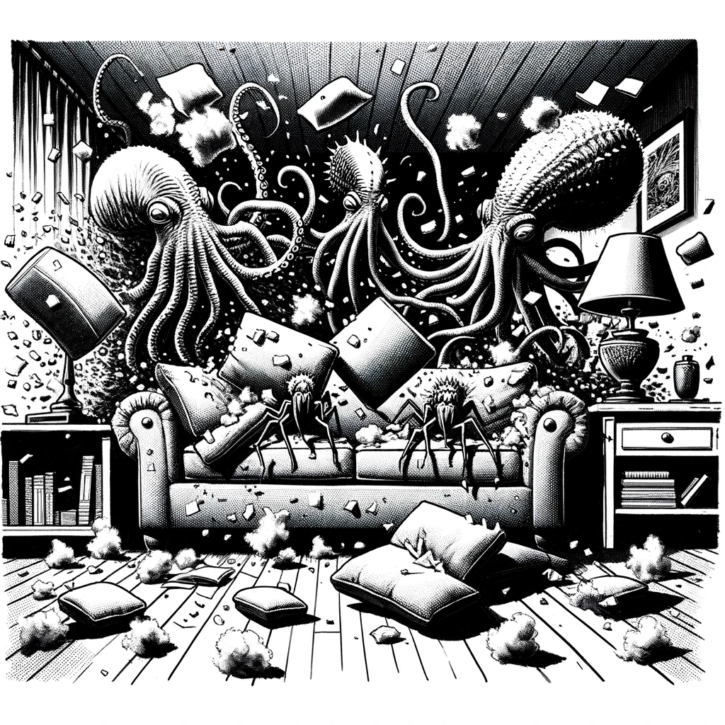 A family of feral aliens eating a couch.