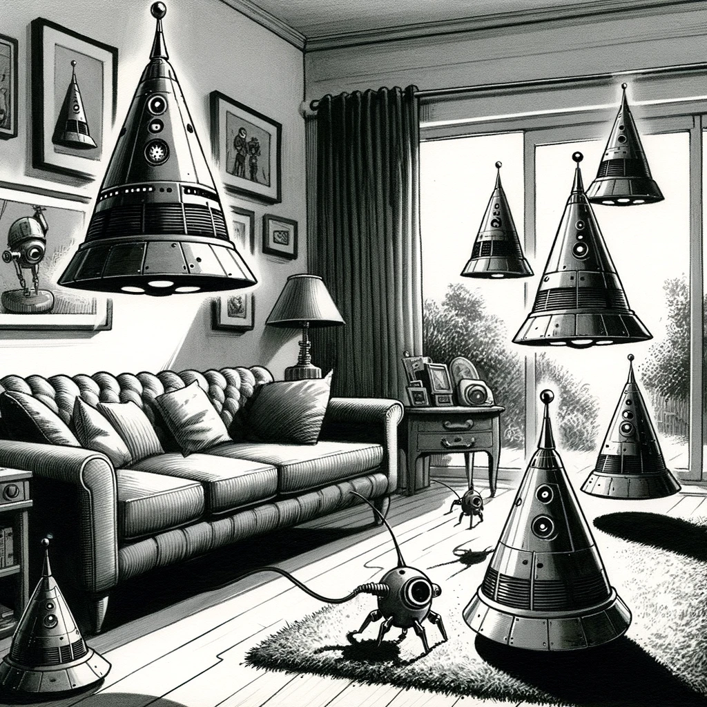 A family of robots hovering around couch.