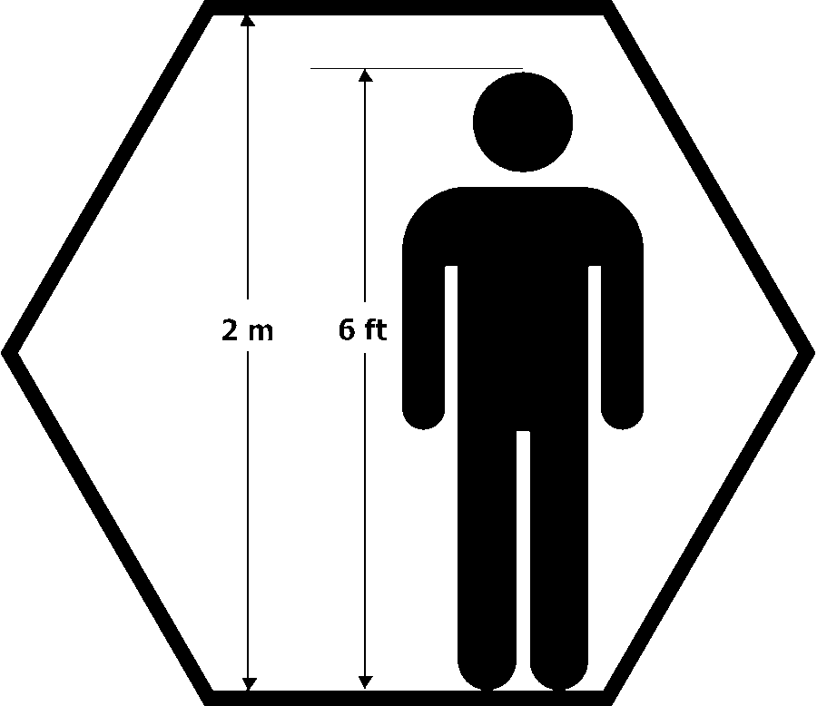 Artist: HM, Wikimedia Date: 2021 License: CC BY-SA 4.0 2m hexagon compared to a 6 foot humanoid.