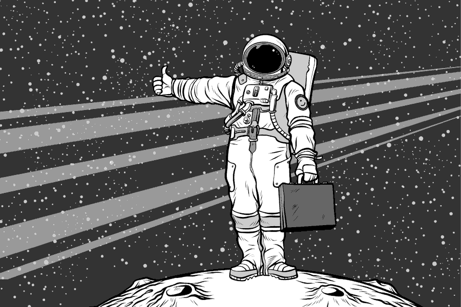Space suited humanoid carrying briefcase and thumb up for a ride in outer space.