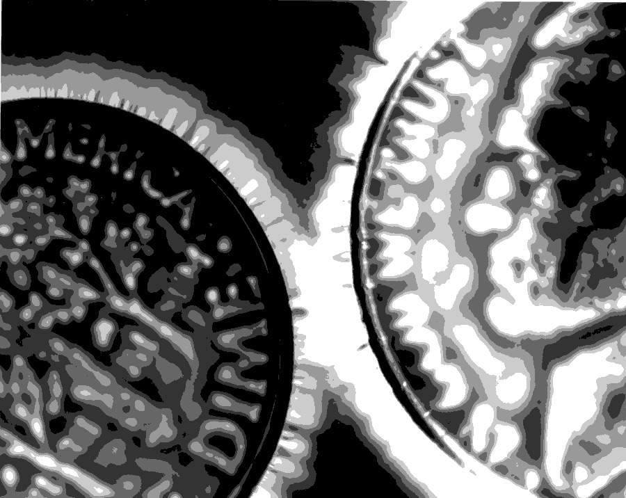 Artist: Unknown Date: 2020 License: Public Domain Black and white image of Kirlian auras on some coins.