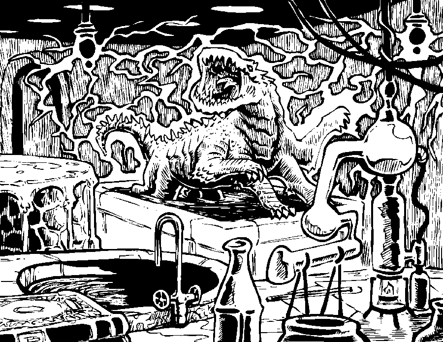 Artist: JEShields Date: 2016-2021 License: Copyright JEShields Stock Art. jeshields.com dragon like alien thrashing in an electrified liquid bath in a laboratory
