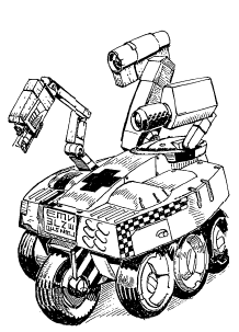 Artist: Michael Jackson Date: 1991 License: CC BY-SA 4.0 Drawing of many wheeled box robot with camera arms.