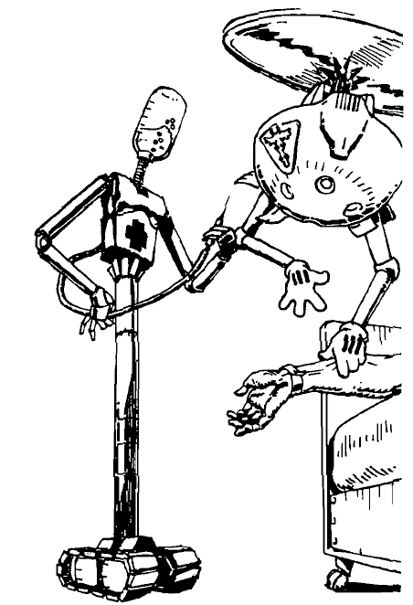 Artist: Unknown Date: 1991 License: CC BY-SA 4.0 Drawing of intravenous pole looking robot doing a procedure.