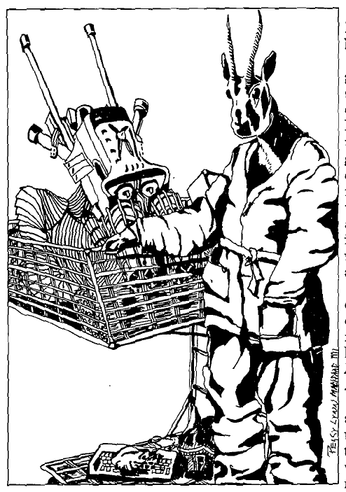 Drawing of humanoid antelope pushing a shopping cart full of tech junk.