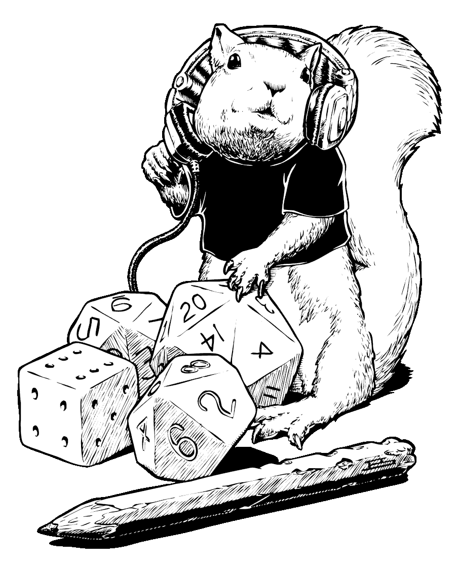 Several polyhedral dice, chewed pencil and mouse wearing headphones.