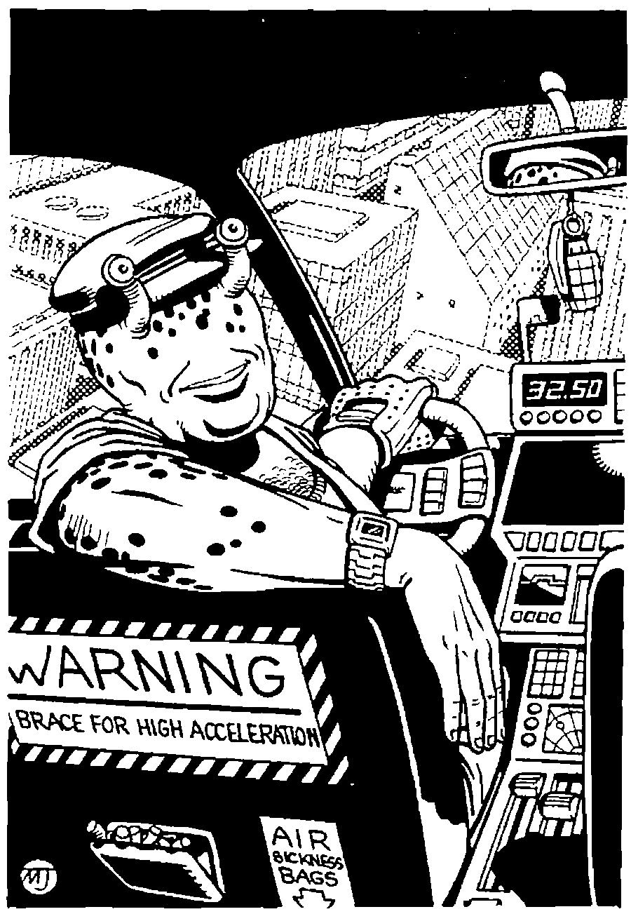 Humanoid toad in driver seat of flying taxi cab.