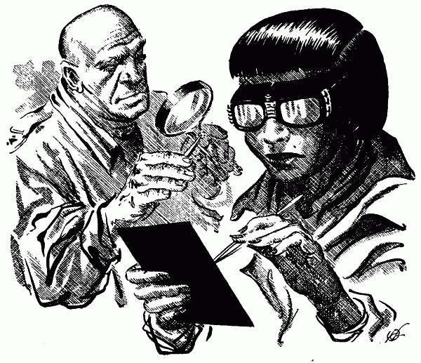 Artist: Kelly Freas Date: 1957 License: CC BY-SA 4.0 Two humans working together on delicate project.