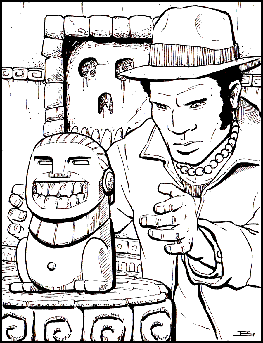 Indiana Jones like fellow in fedora about to lift a statuette.