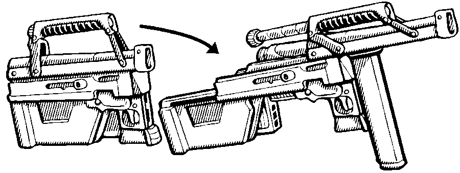Artist: JEShields Date: 2016-2021 License: Copyright JEShields Stock Art. jeshields.com Compact rifle unfolding to full sized weapon.