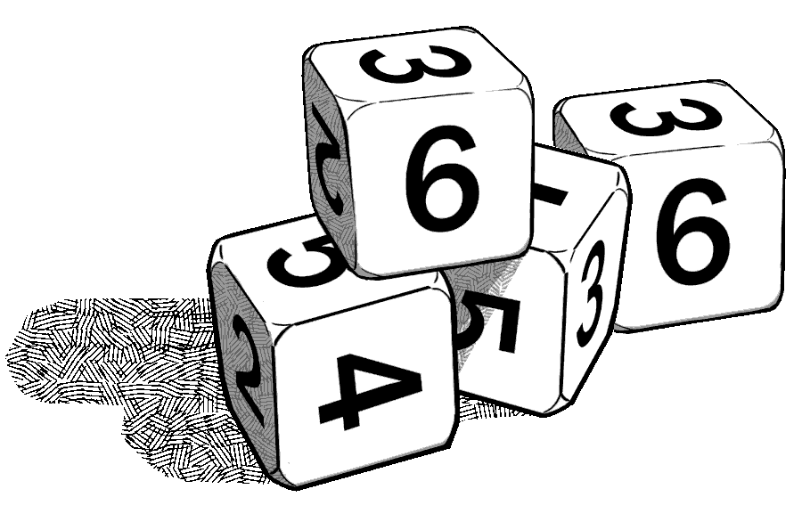 Four white and black six sided dice with third dice’s value obscured.
