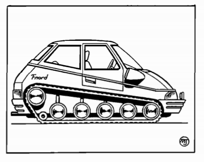 A boxy compact car with treads instead of wheels.