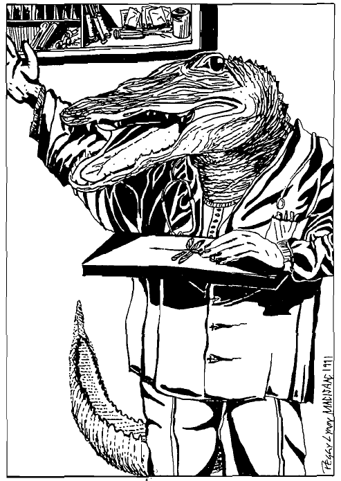 Humanoid crocodile professor doing surgery on a dragonfly.