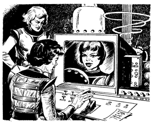 Humanoids chatting via a screen.