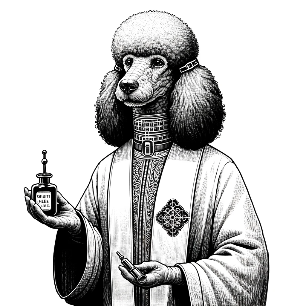 Artist: Aimagination prompt HM Date: 2024 License: CC BY-SA 4.0 A proper looking jalabiya wearing poodle holding an ointment bottle and dispenser
