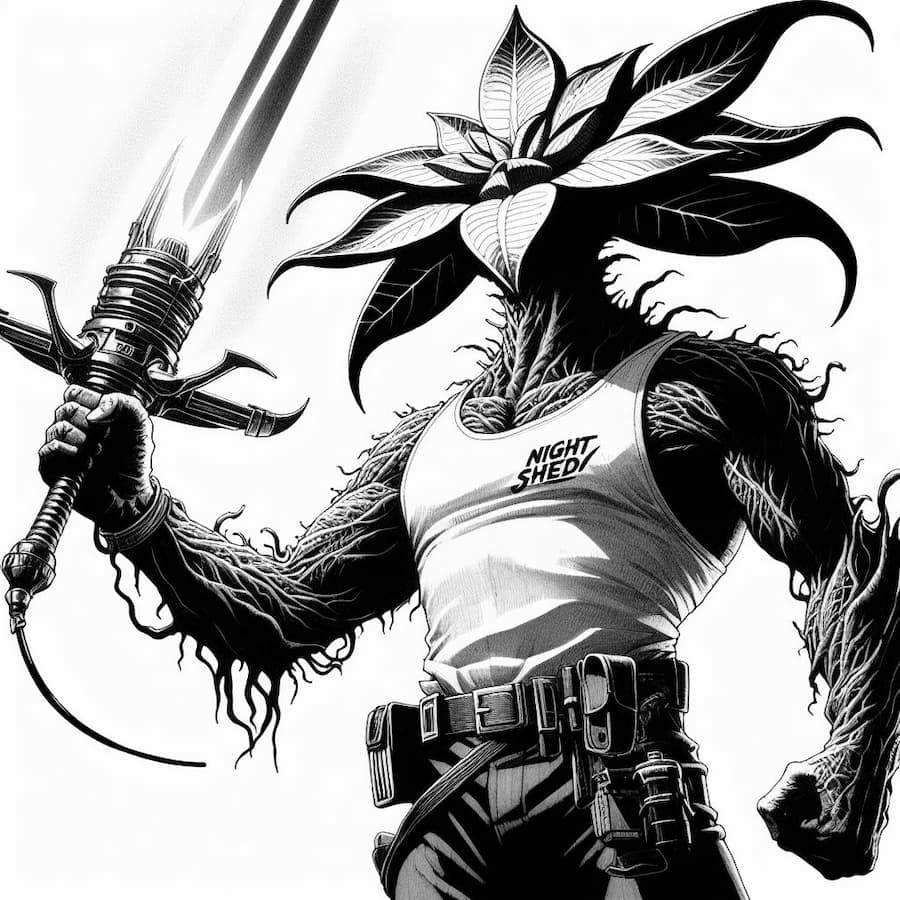 Artist: Aimagination prompt HM Date: 2023 License: CC BY-SA 4.0 A muscular humanoid plant with a flower head wearing a tank top and holding a techno energy sword