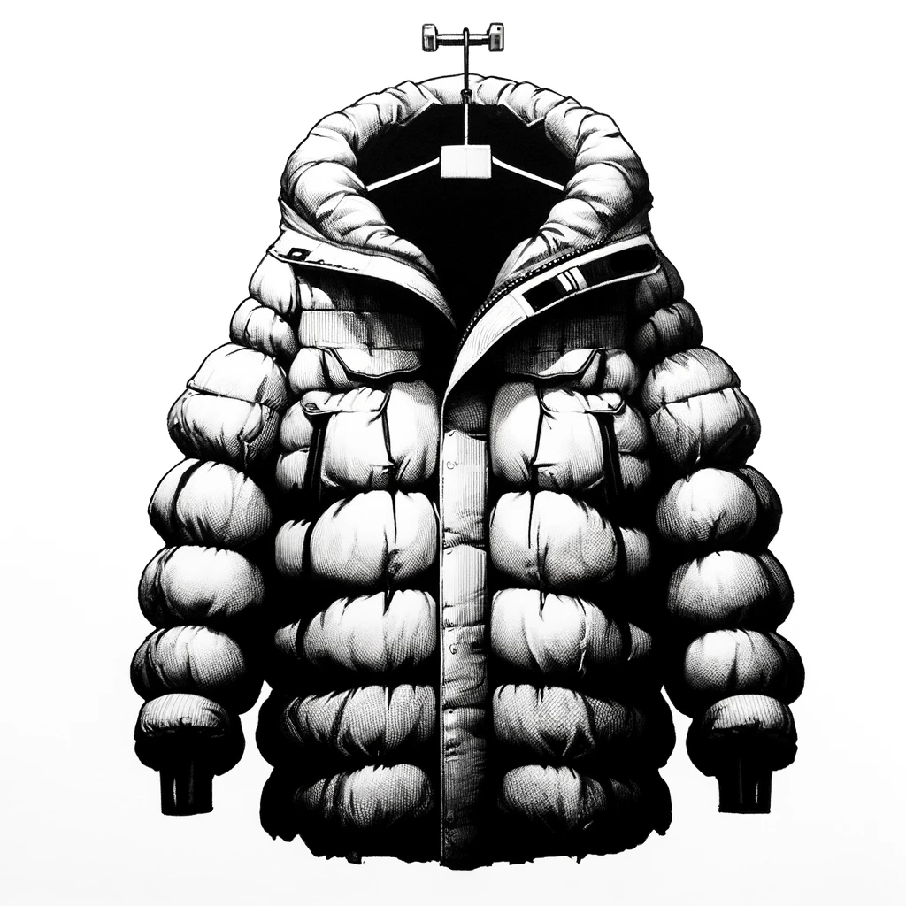 A puffy winter jacket hanging on a coat hanger.