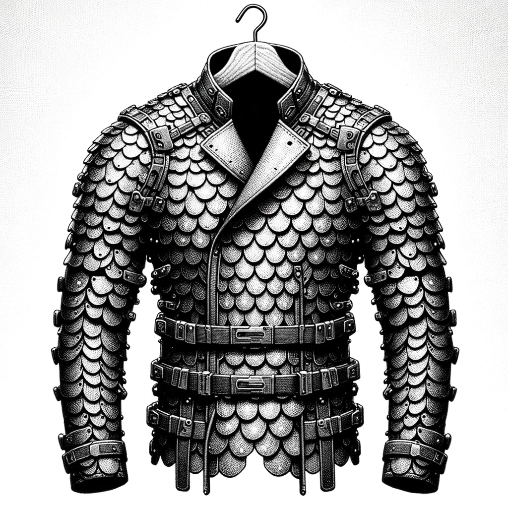 A jacket covered in overlapping scales on a coat hanger.