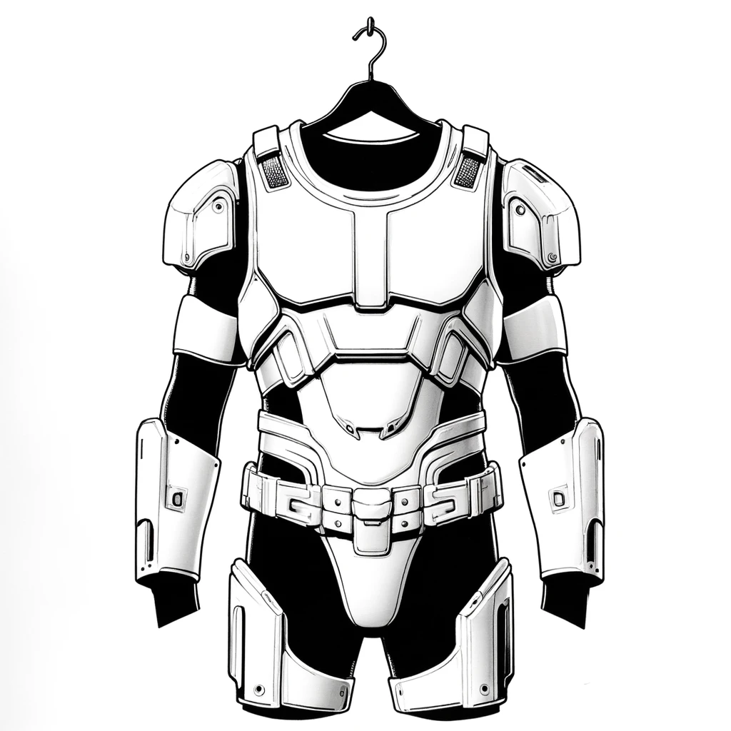 Plastix white plated armour on a coat hanger.