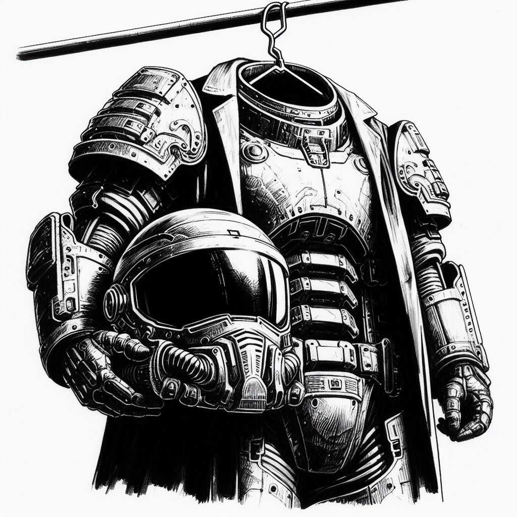 Artist: dolly aimage prompt by HM Date: 2024 License: CC BY-SA 4.0 A suit of biomech armour holding it’s helmet and hanging on coat hanger.