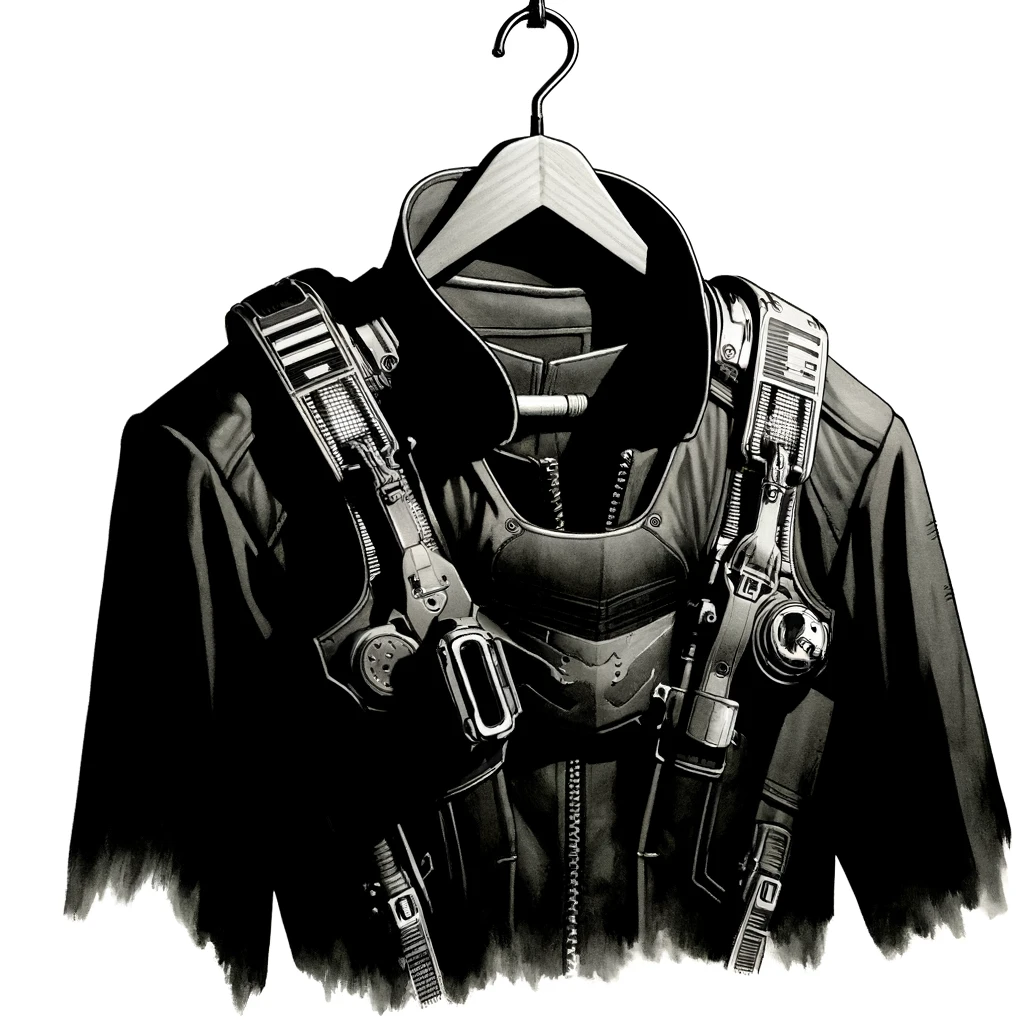 Black overly thick jump suit hanging from a coat hanger.