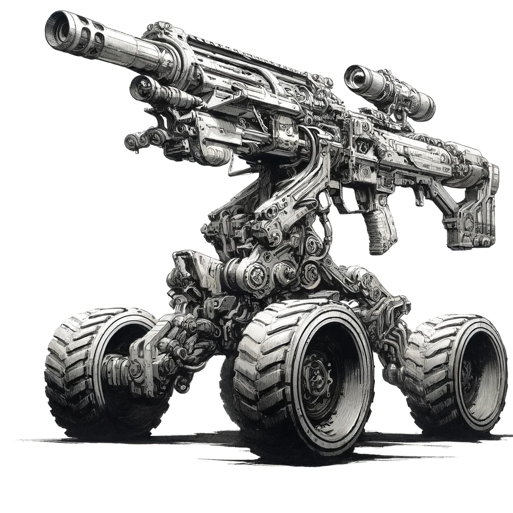 An oversized bolt action rifle mounted on wheels.