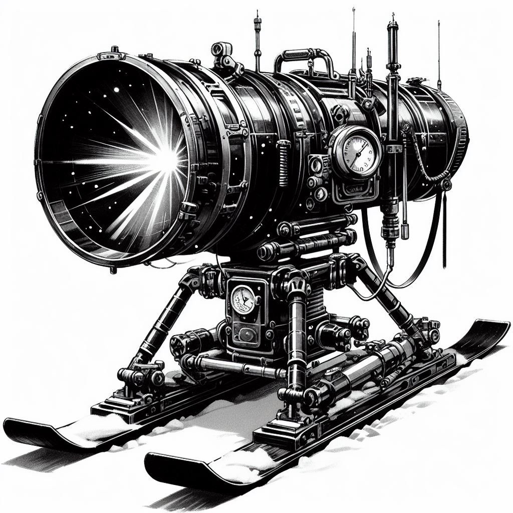 A large tube on skis with a reflector on the end.