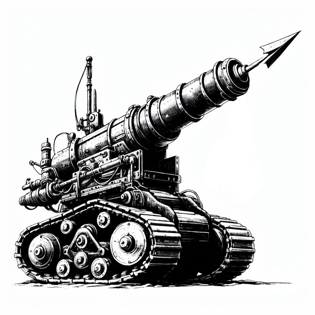 A cannon on tracks with a harpoon sticking out of the barrel.