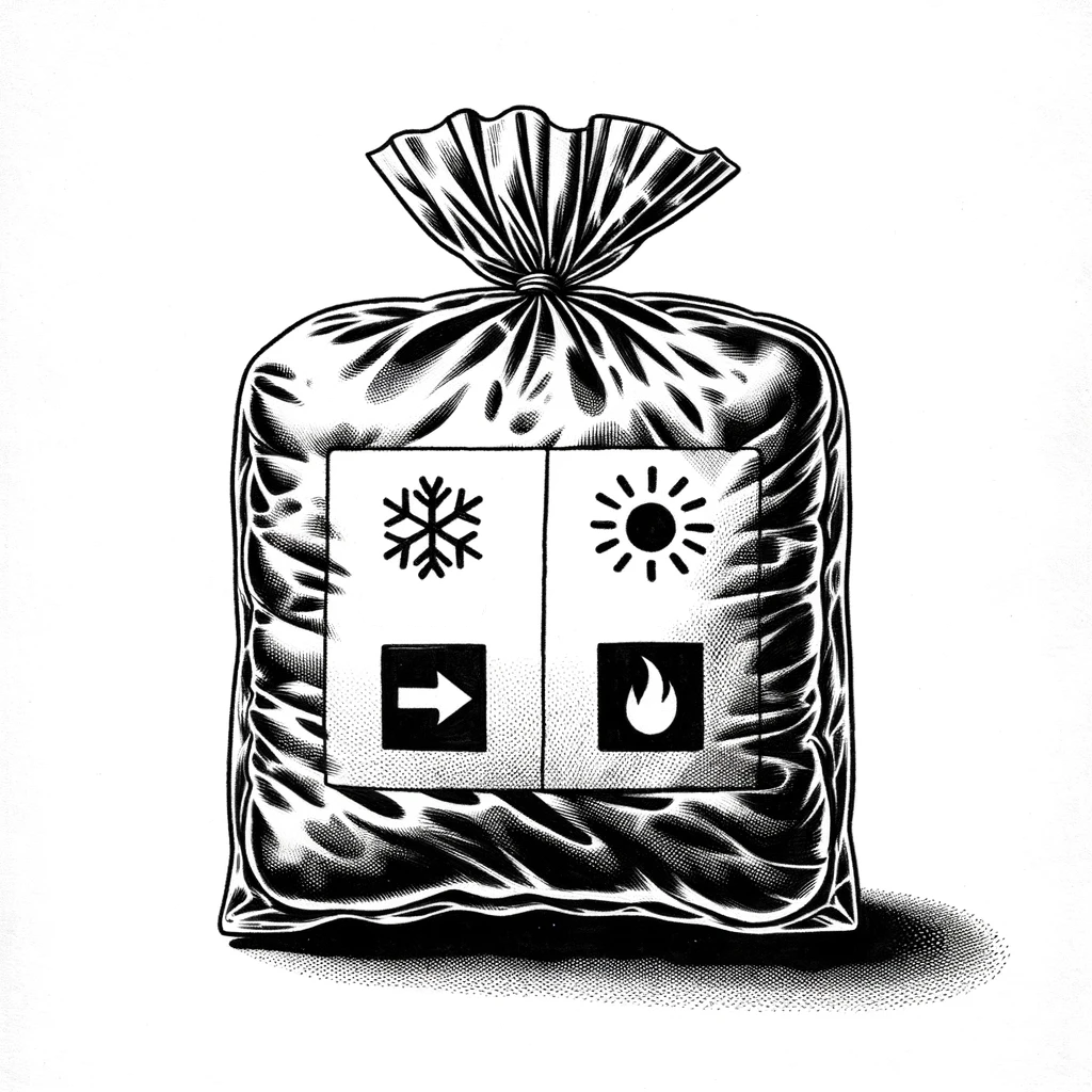 A cellophane bag containing a tightly folded metallic blanket.